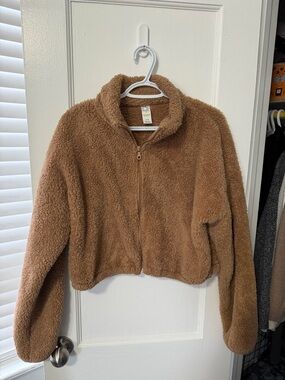 aerie Plush Teddy Zip-Up Jacket in Brown